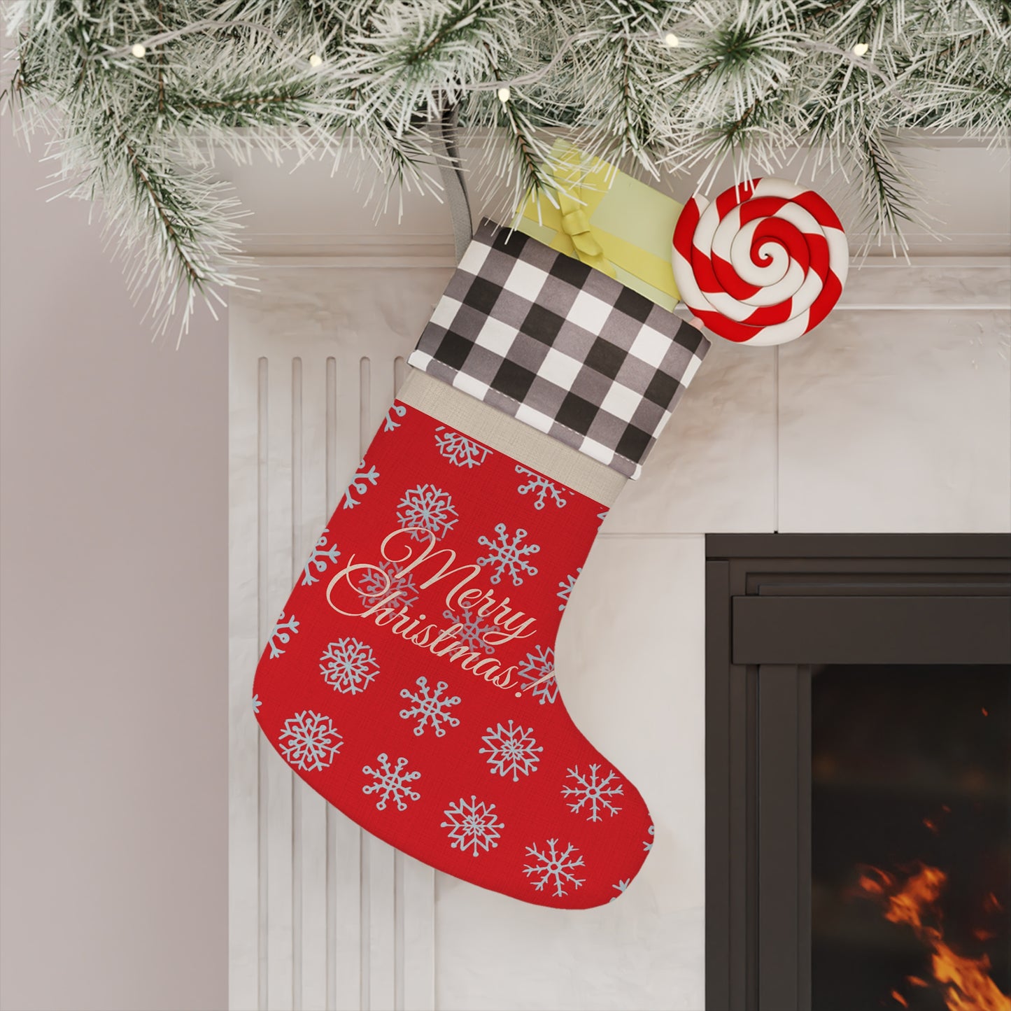 Merry Christmas Snowflake Stocking Red