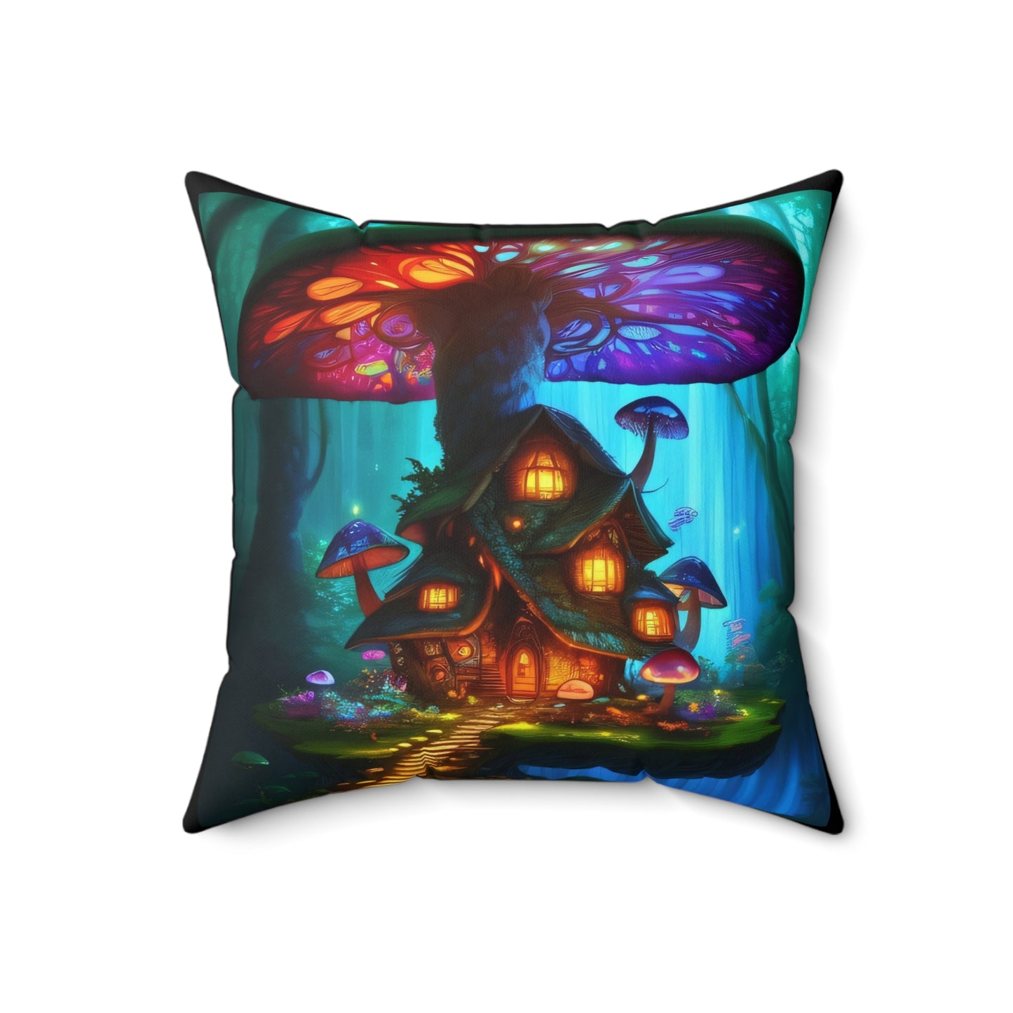 Fairy Mushroom House, Spun Polyester Square Pillow