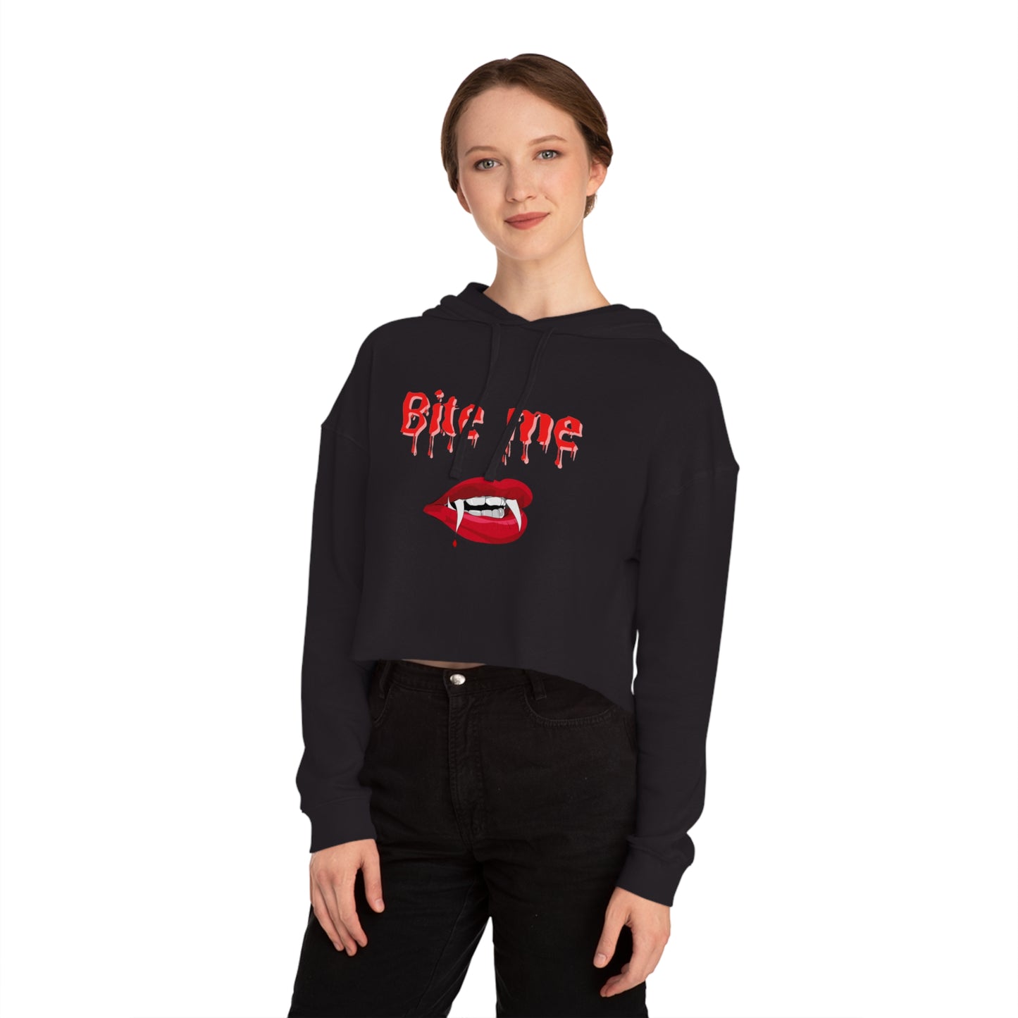 Bite Me Halloween Womens Cropped Hooded Sweatshirt