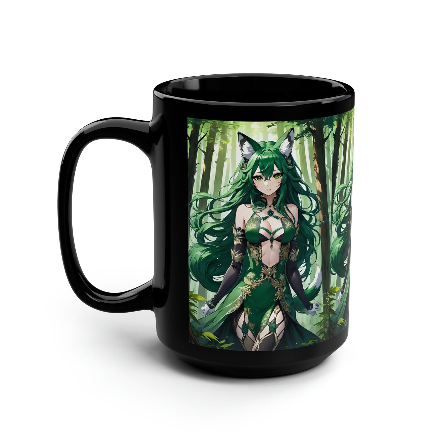 Emerald Fox Goddess, Black Mug, 15oz