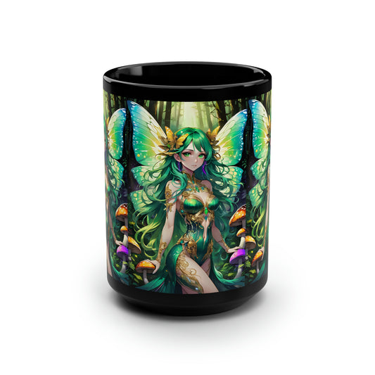 Jade Butterfly Fairy, Black Mug, 15oz