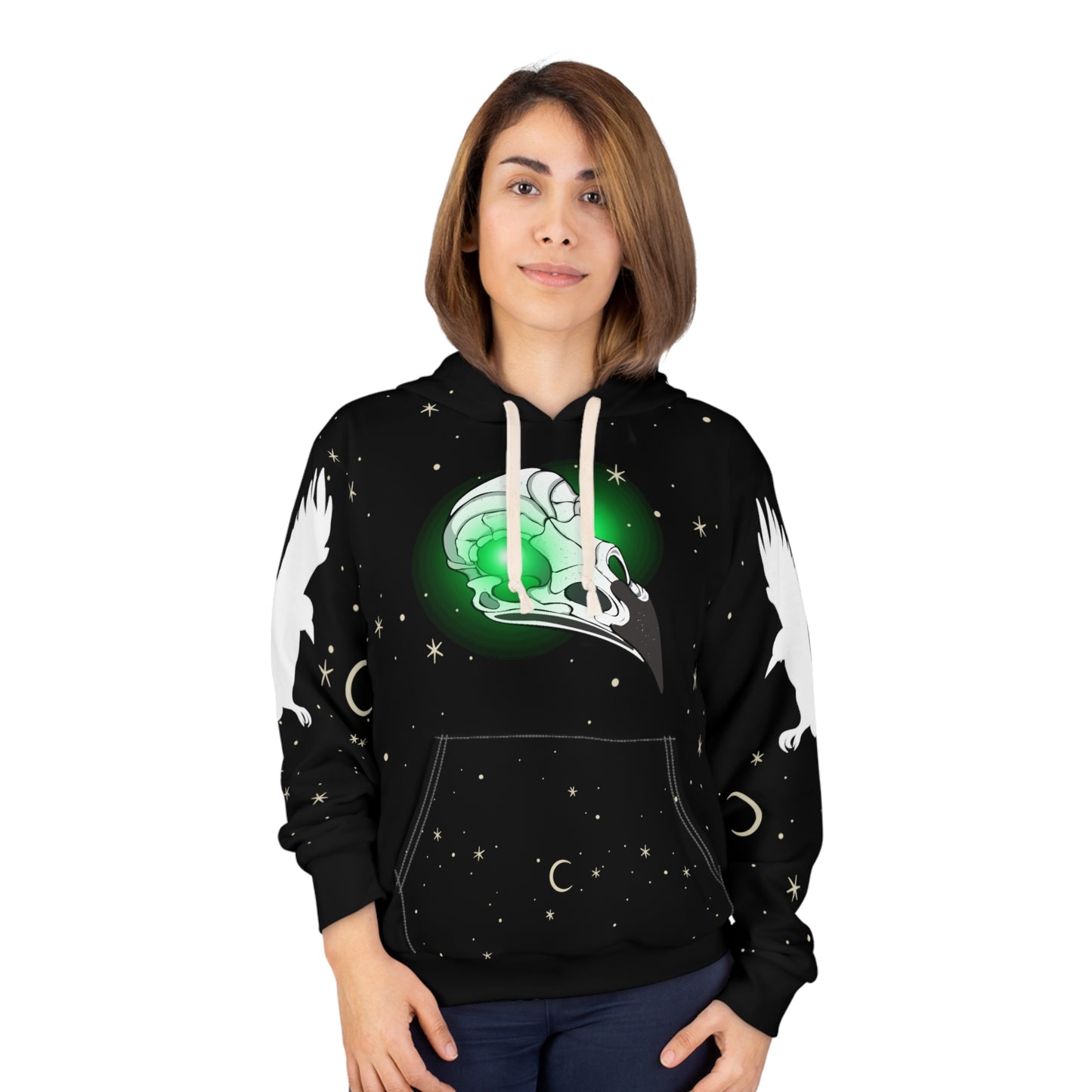 Raven skull with moon and stars Halloween Pullover Hoodie Black