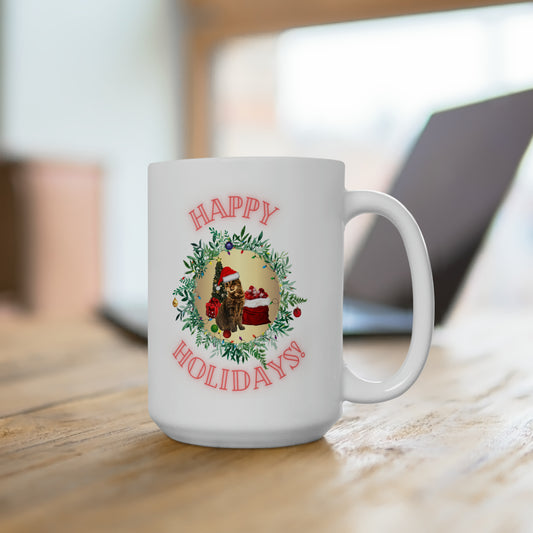 Happy Holidays kitty Christmas Ceramic Mug 15oz