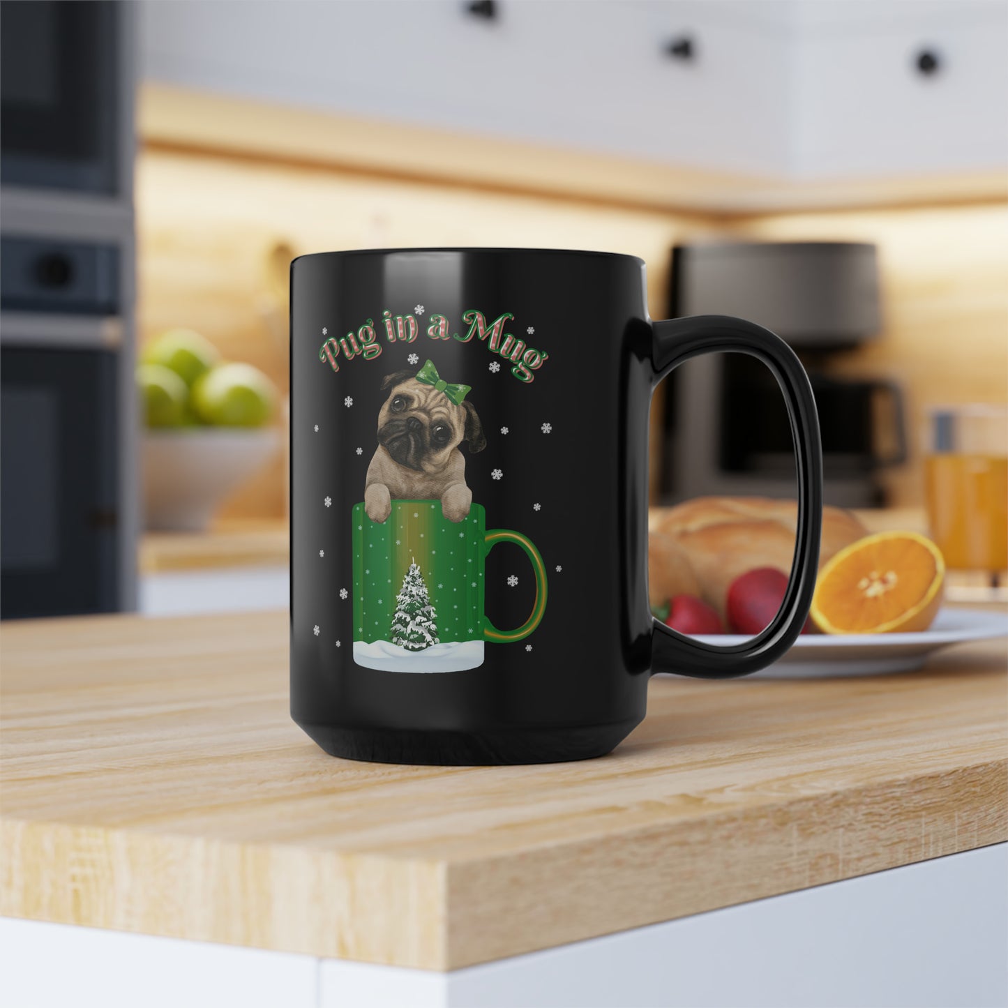 Pug In A Mug Christmas Black Mug, 15oz