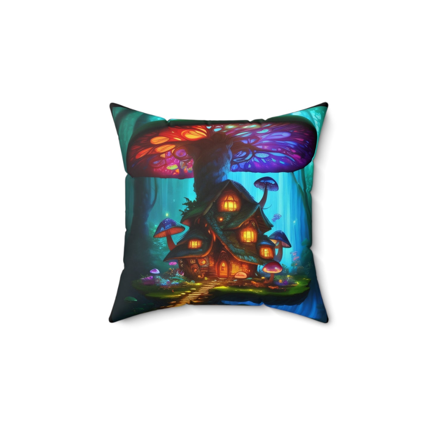 Fairy Mushroom House, Spun Polyester Square Pillow