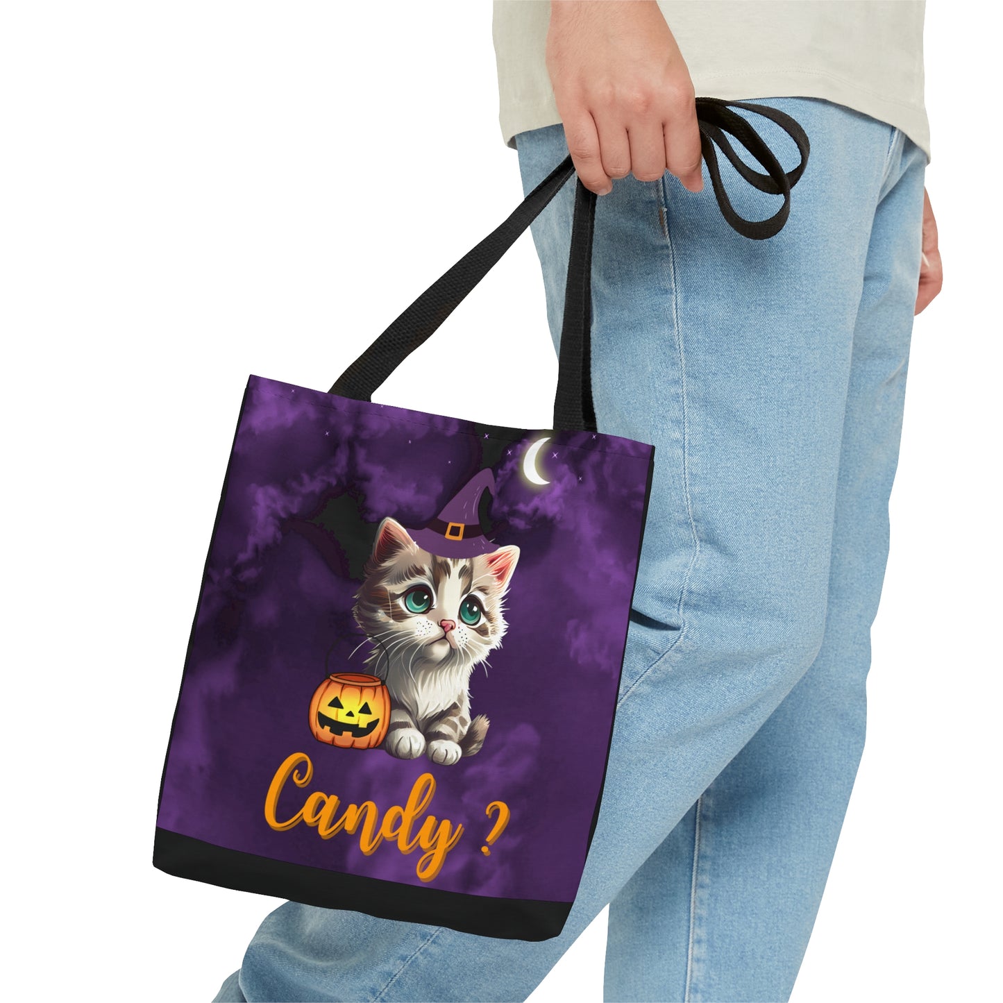 Candy Halloween Tote Bag, Cute Witchy Cat, Candy Tote Bag