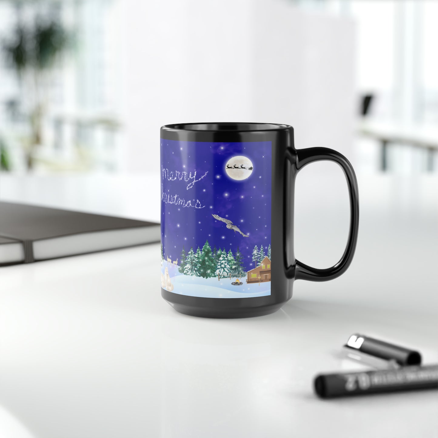 Merry Christmas Scenic Black Mug, 15oz