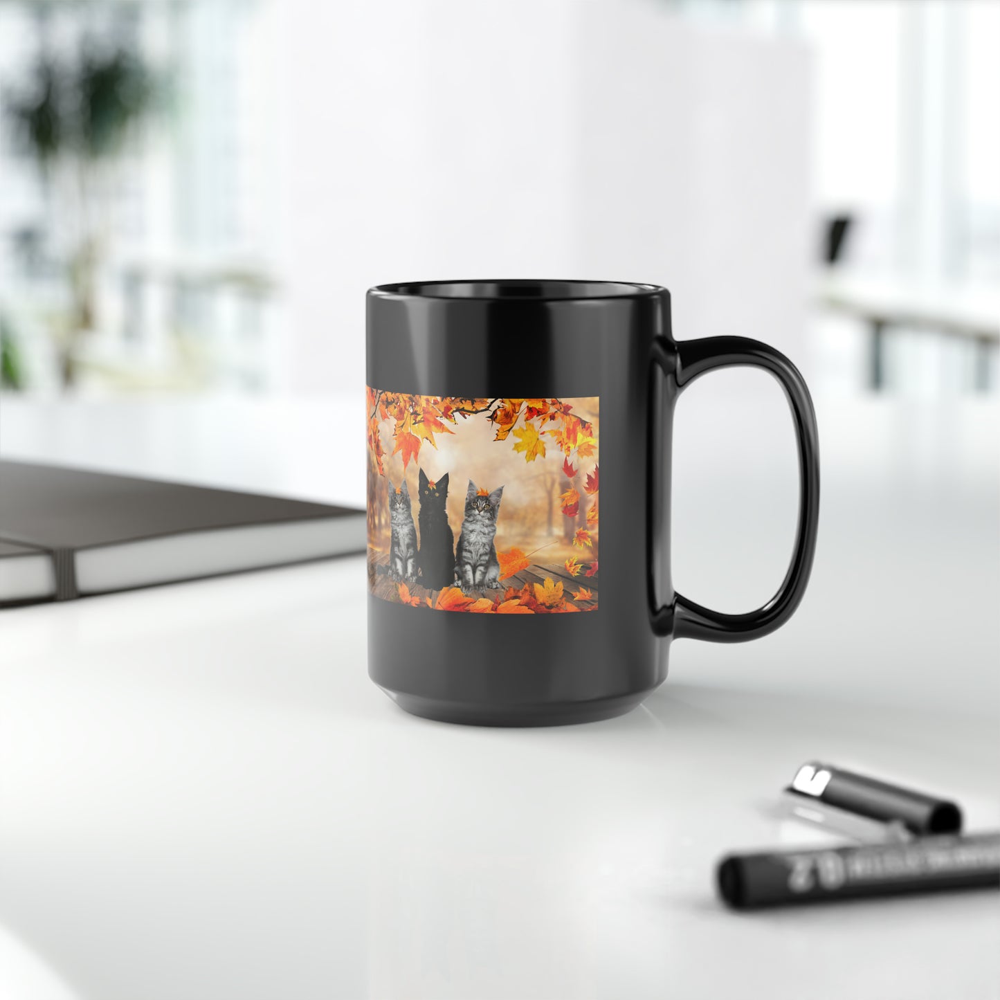 Cute kitten Fall Black Mug, 15oz