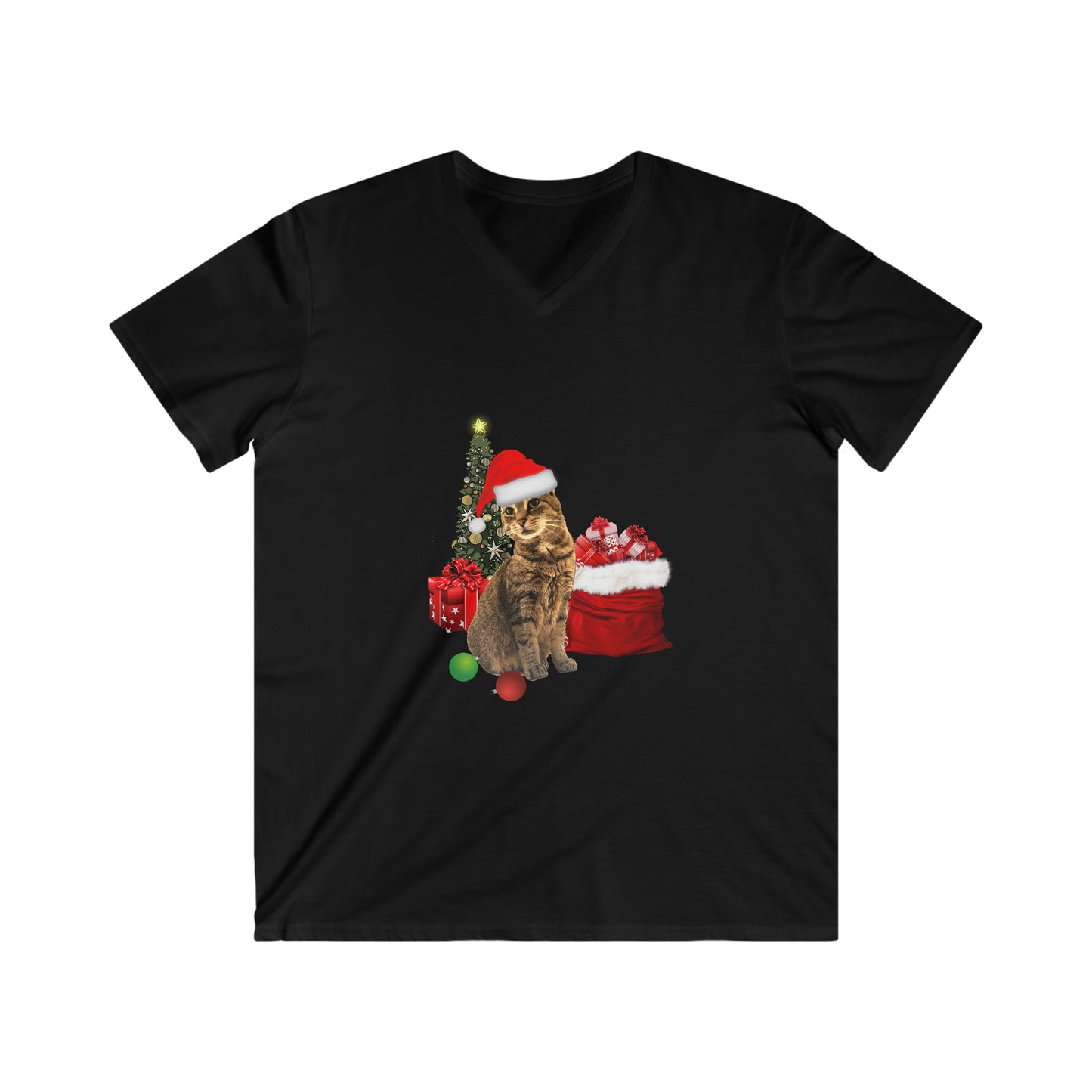 Men's Fitted V-Neck Short Sleeve Tee Christmas Cat Christmas Top