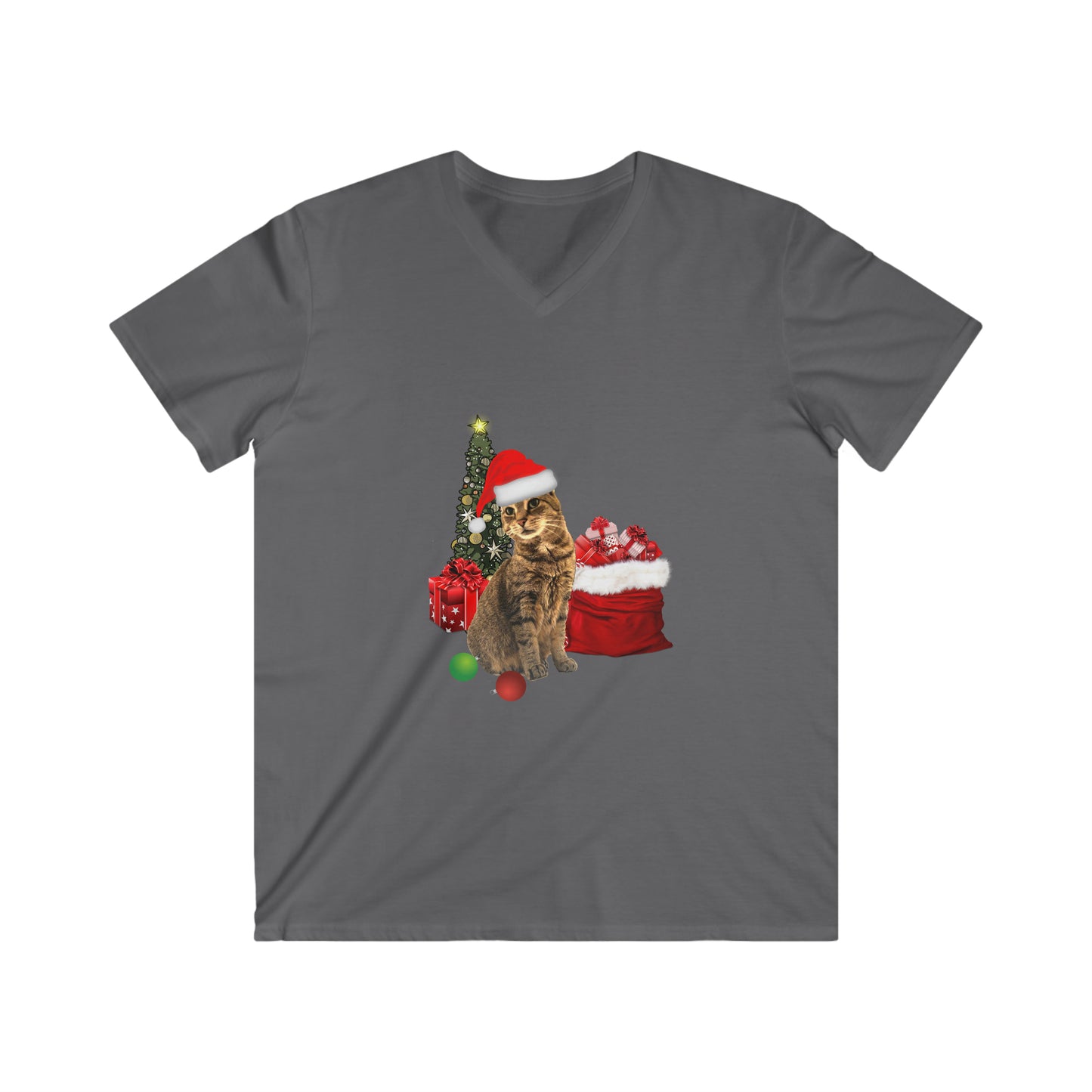 Men's Fitted V-Neck Short Sleeve Tee Christmas Cat Christmas Top