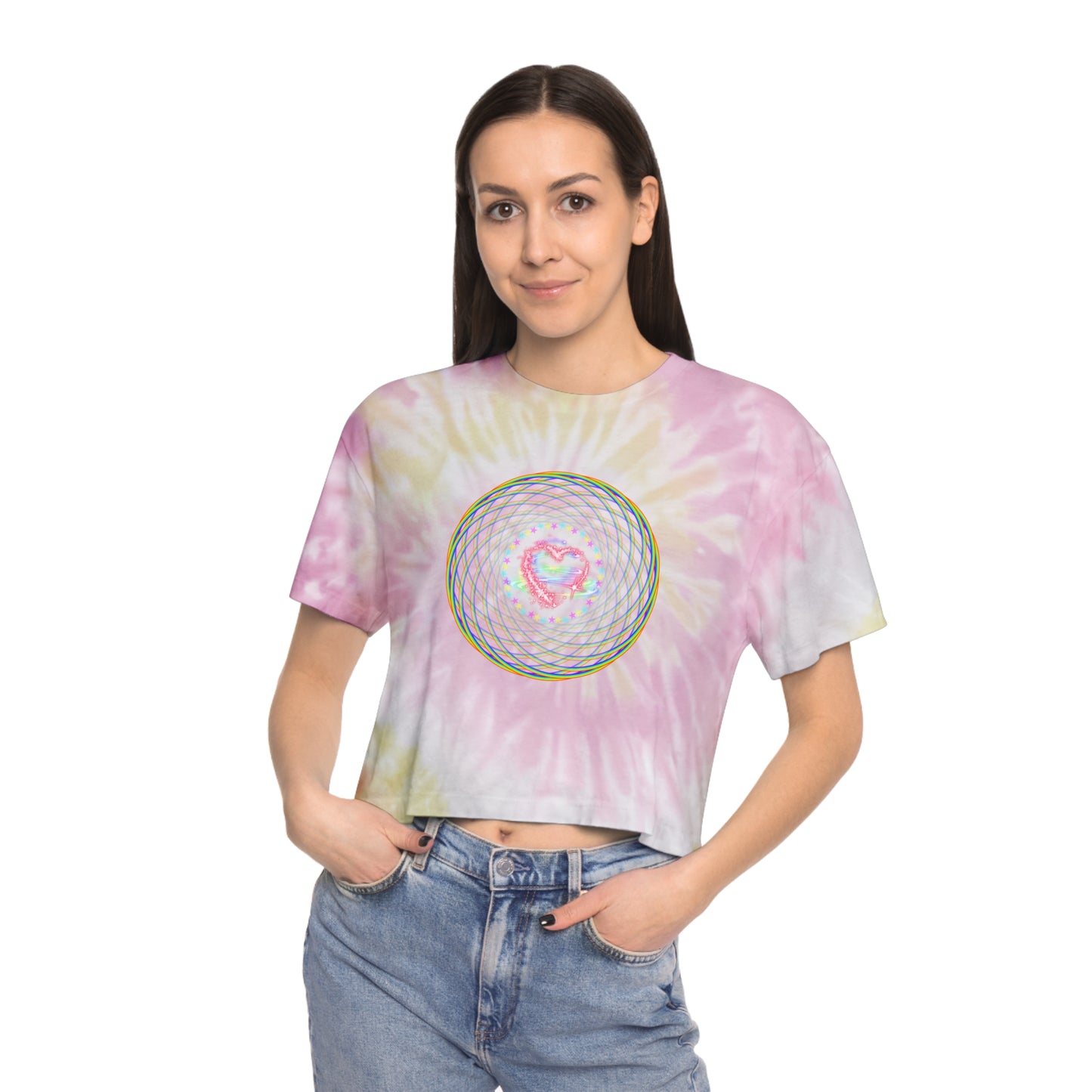 Rainbow Spiral PRIDE Heart Women's Tie-Dye Crop Tee