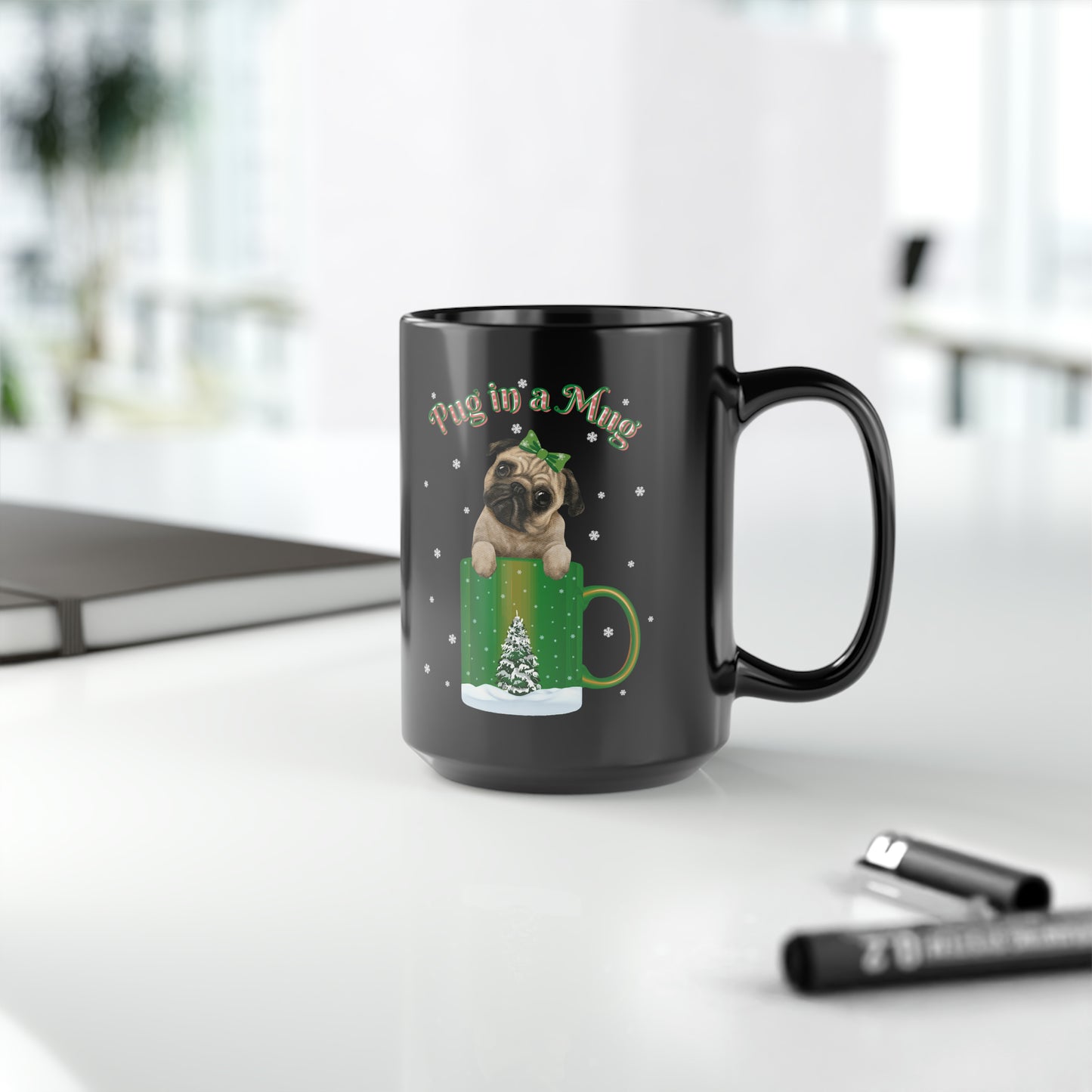 Pug In A Mug Christmas Black Mug, 15oz