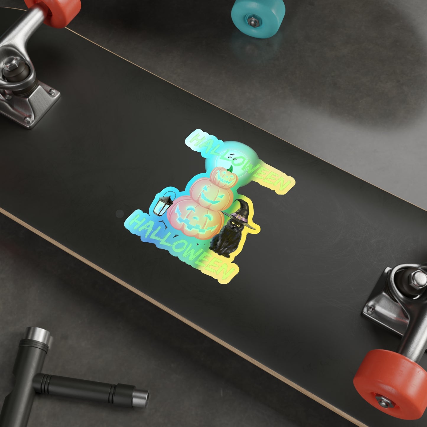 Halloween Rainbow Holographic Die-cut Vinyl Stickers Black Cat And Pumpkins