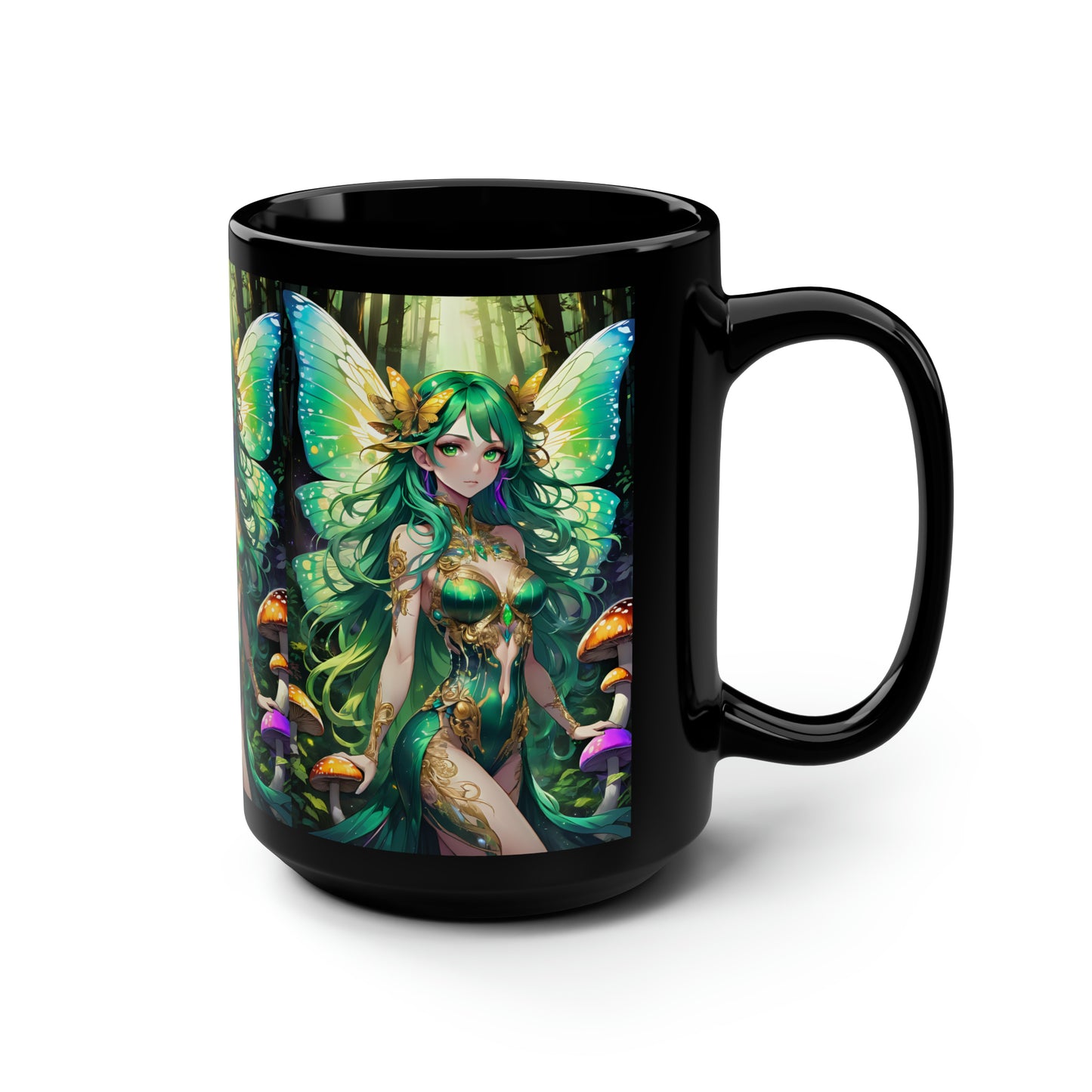 Jade Butterfly Fairy, Black Mug, 15oz