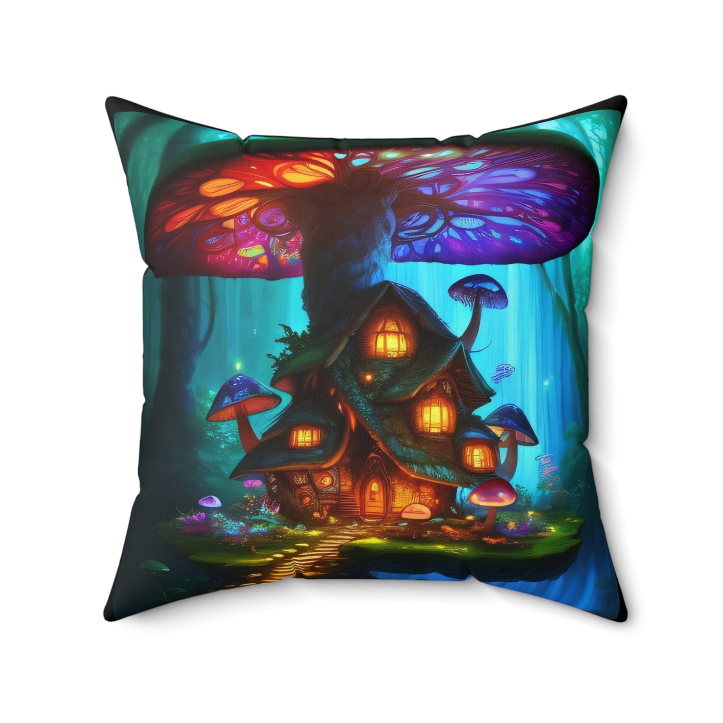 Fairy Mushroom House, Spun Polyester Square Pillow