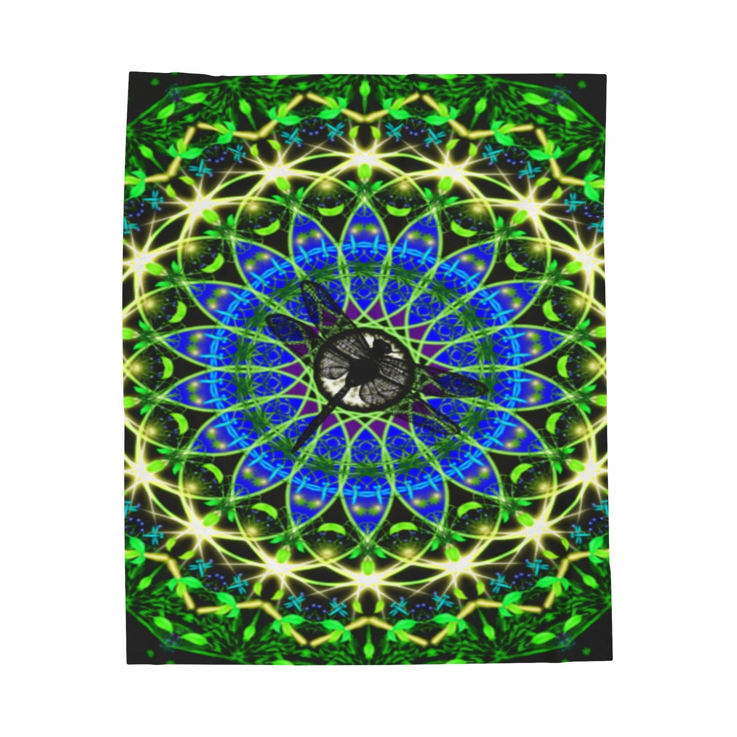 Emerald Abundance Dragonfly Mandala Velveteen Plush Blanket