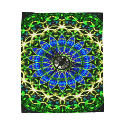 Emerald Abundance Dragonfly Mandala Velveteen Plush Blanket