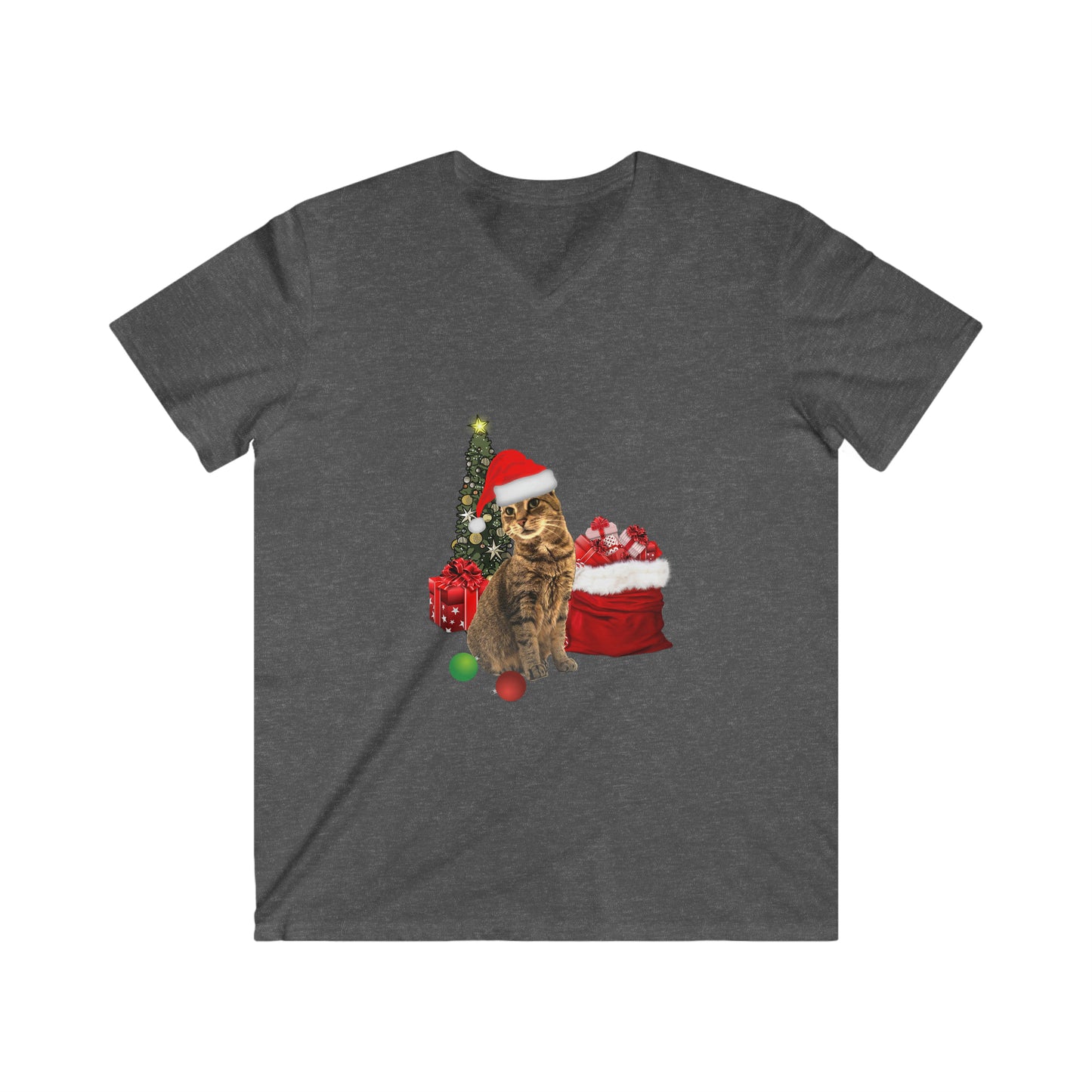 Men's Fitted V-Neck Short Sleeve Tee Christmas Cat Christmas Top