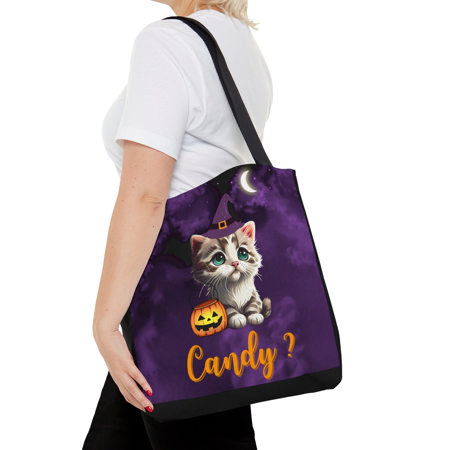 Candy Halloween Tote Bag, Cute Witchy Cat, Candy Tote Bag