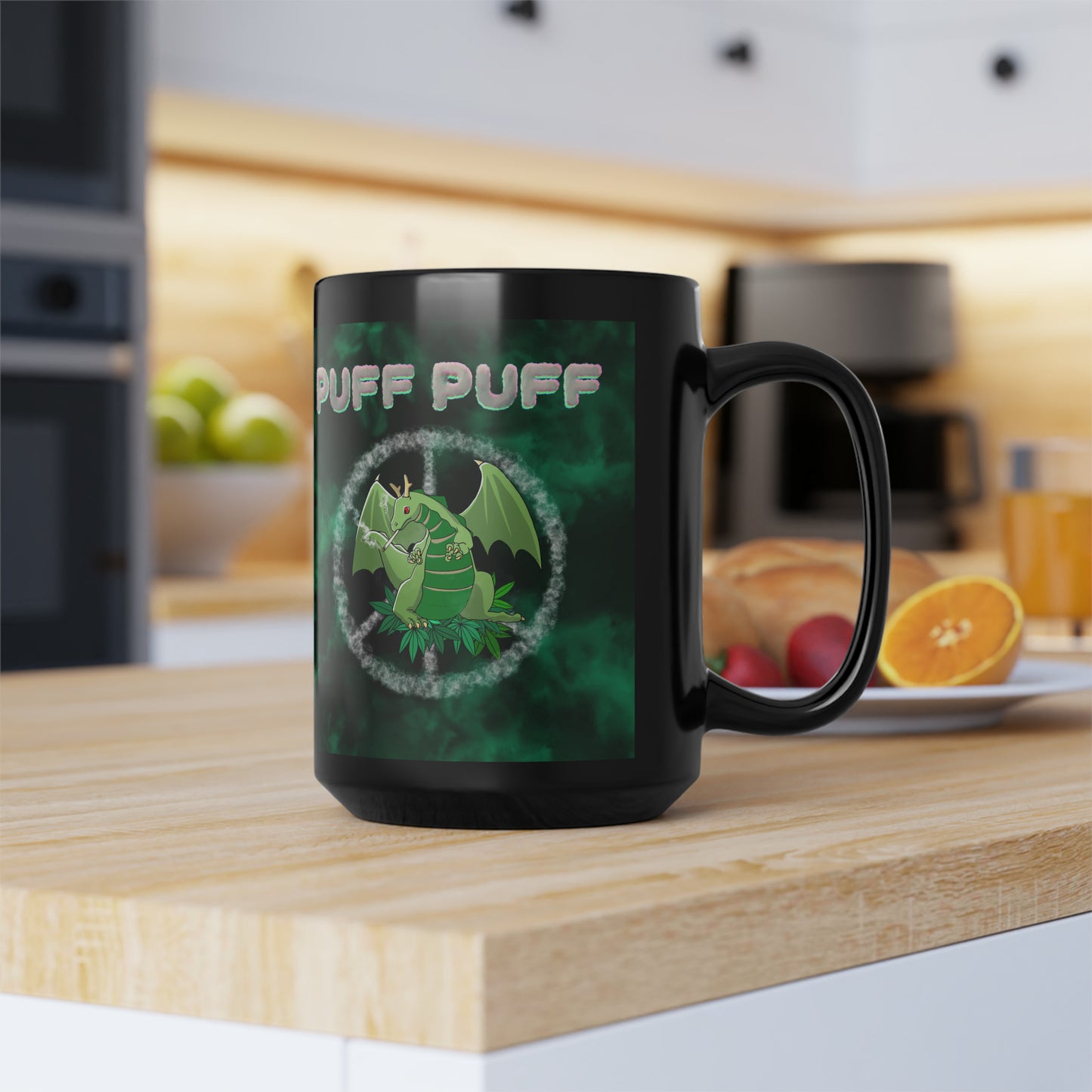 Puff Puff Smokin Dragon, Black Mug, 15oz, 420 Gift