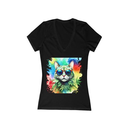 Chasing The Rainbow Cat, Women's Jersey Short Sleeve Deep V-Neck Tee