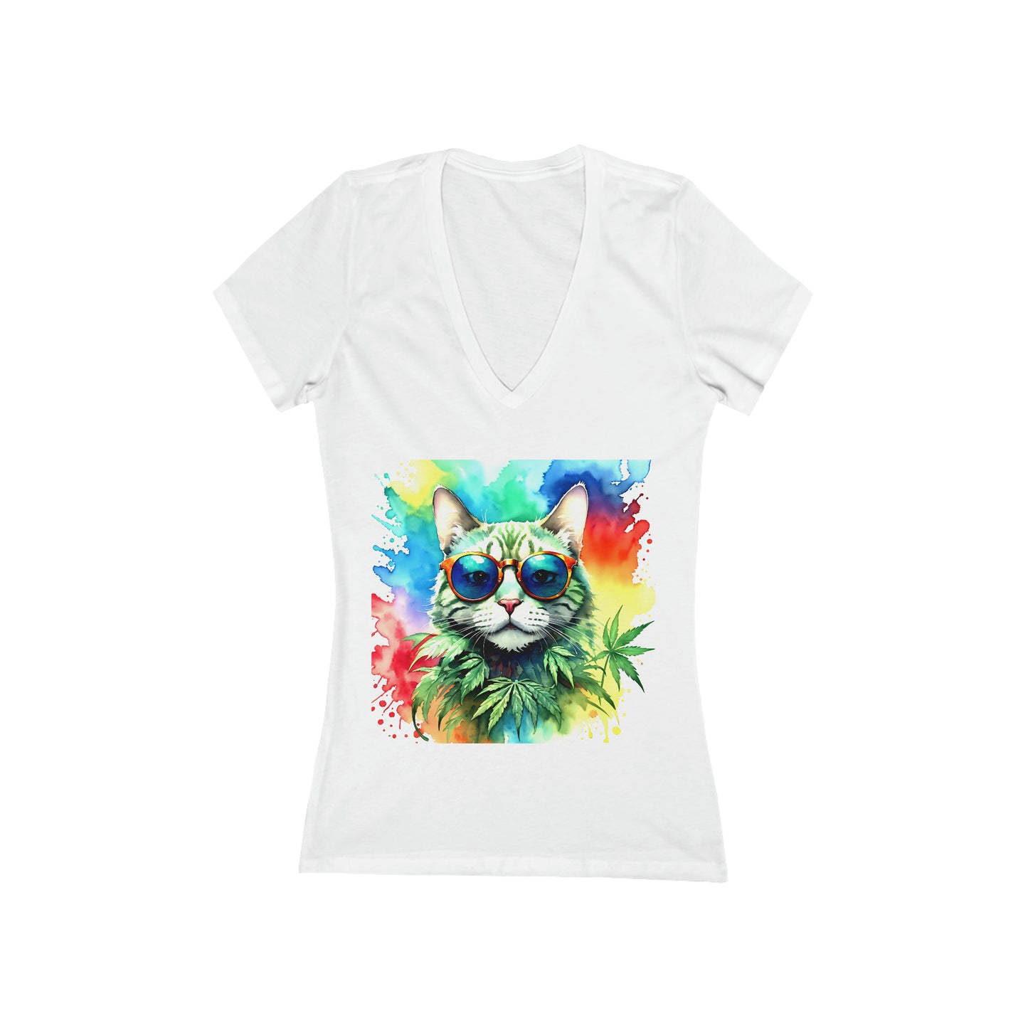 Chasing The Rainbow Cat, Women's Jersey Short Sleeve Deep V-Neck Tee