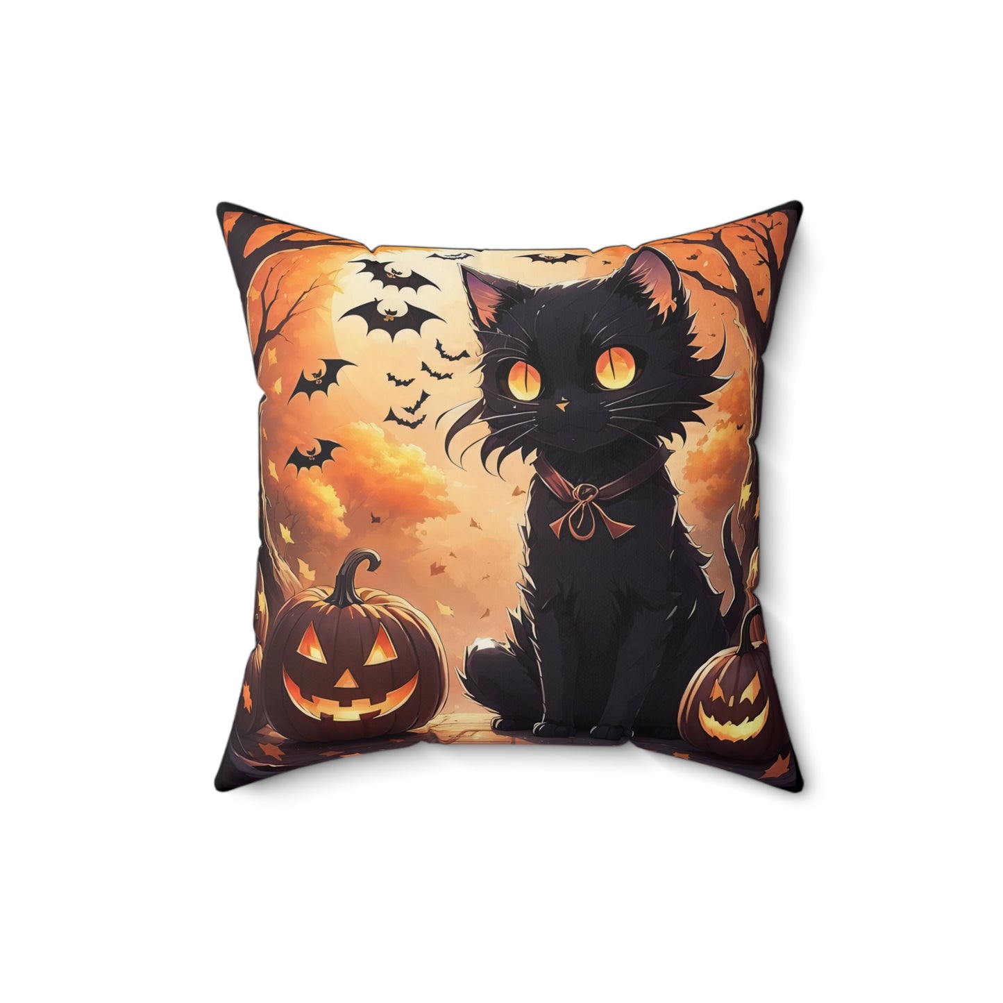 Anime Black Cat,  Halloween, Spun Polyester Square Pillow