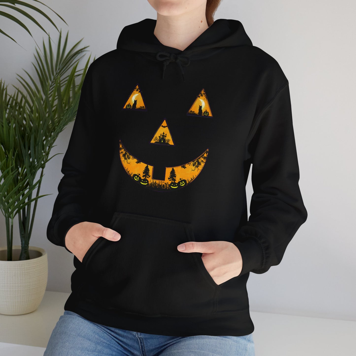 Spooky Autumn Pumpkin Face Hooded Halloween Sweatshirt