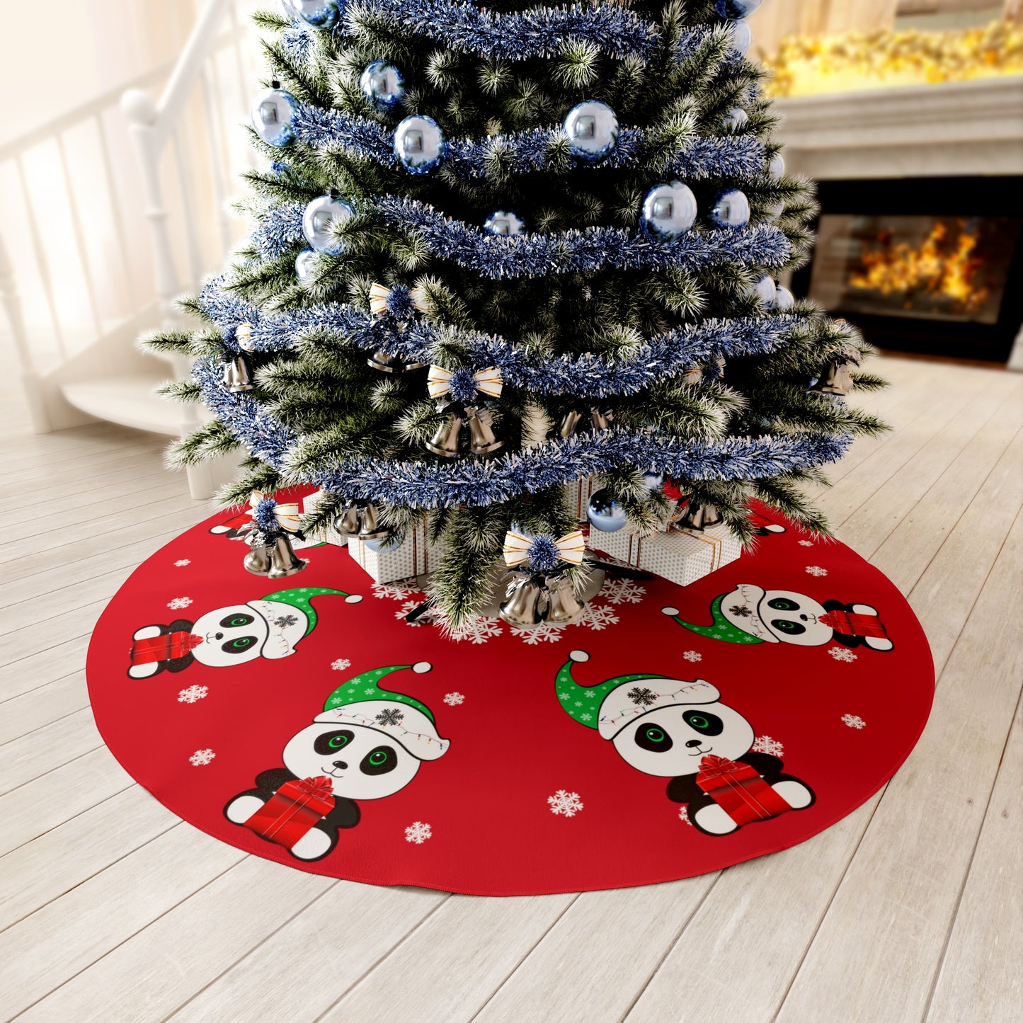 Christmas Panda Round Christmas Tree Skirt Red