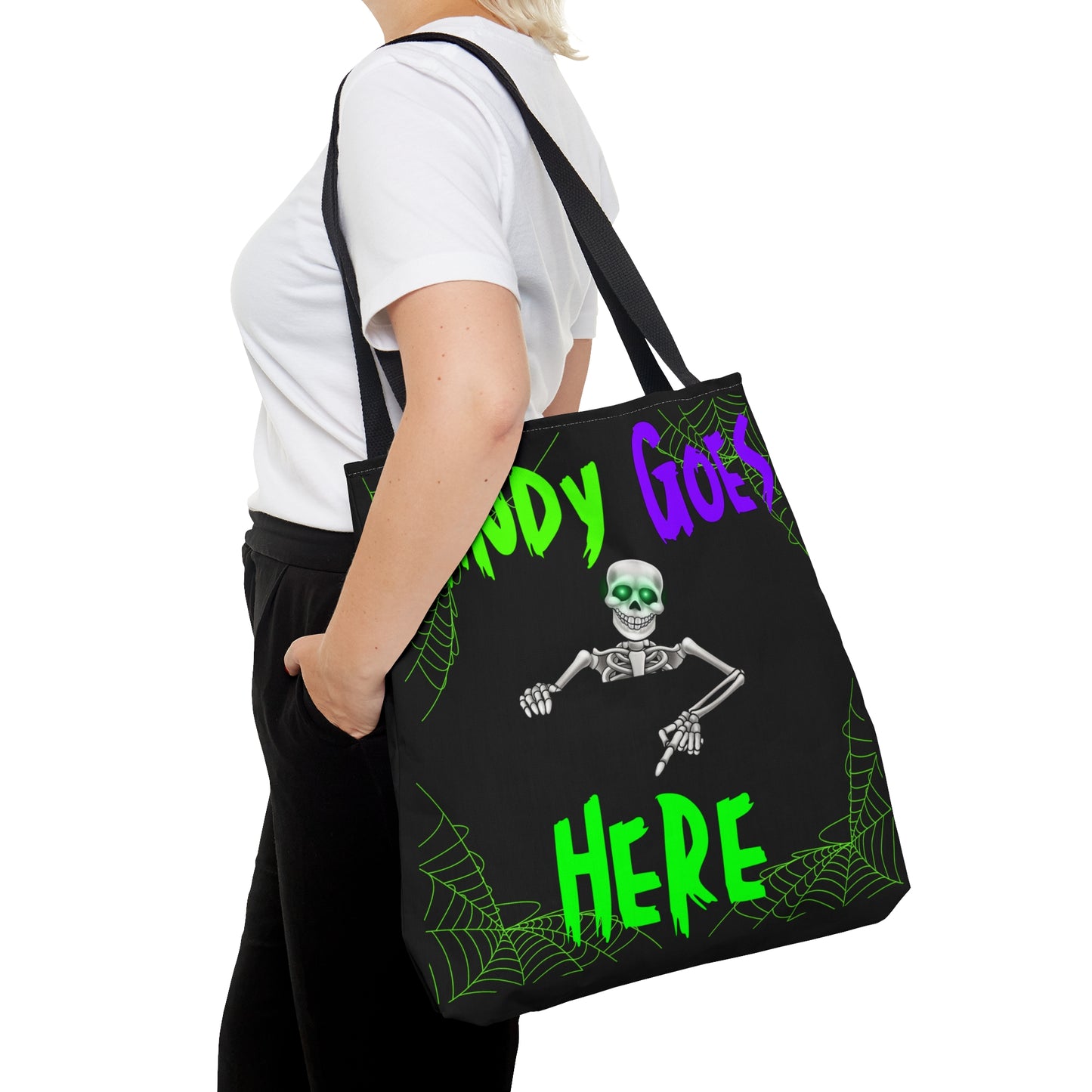 Candy Goes Here, Skeleton Halloween candy Tote Bag