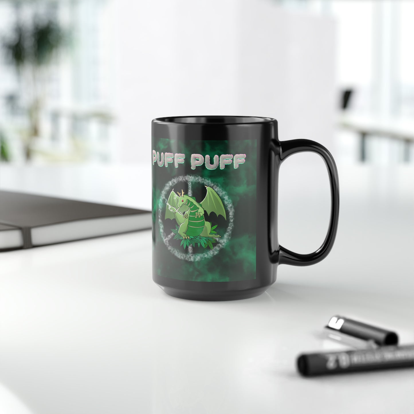 Puff Puff Smokin Dragon, Black Mug, 15oz, 420 Gift