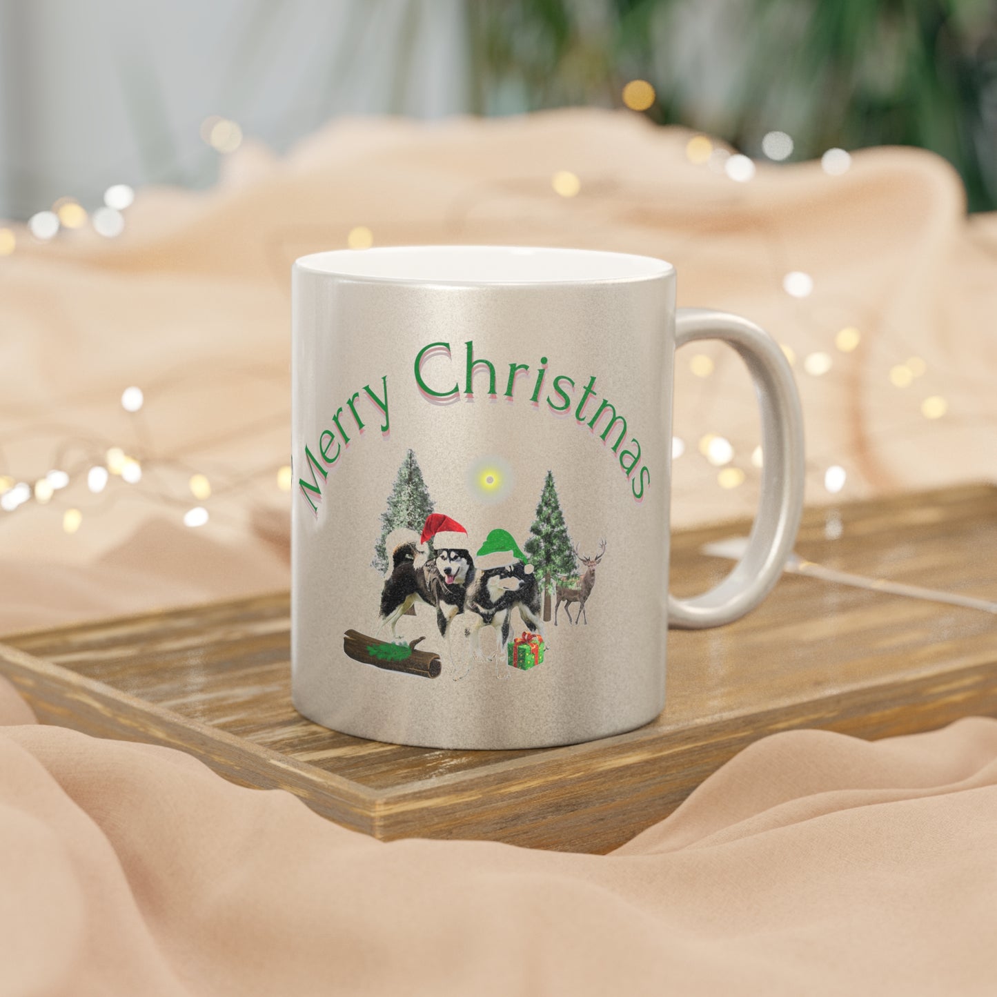 Merry Christmas Malamutes Metallic Mug (Silver\Gold)