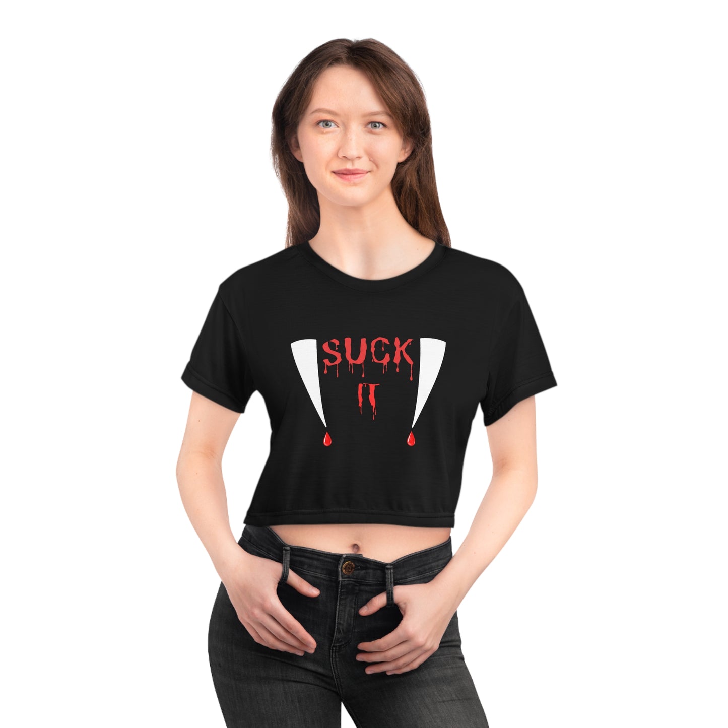 Suck It Vampire Fangs Crop Top Tee