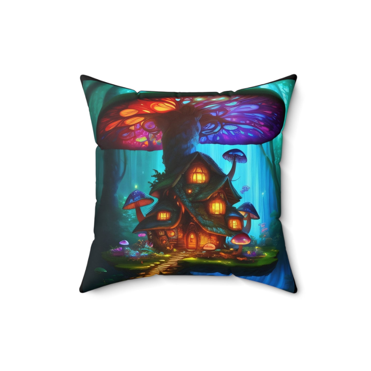 Fairy Mushroom House, Spun Polyester Square Pillow