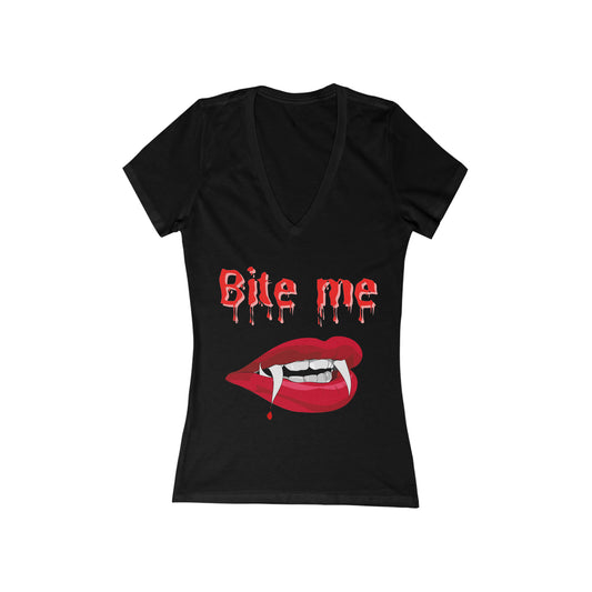 Bite Me Women's Jersey Short Sleeve Deep V-Neck Tee Halloween Shirt