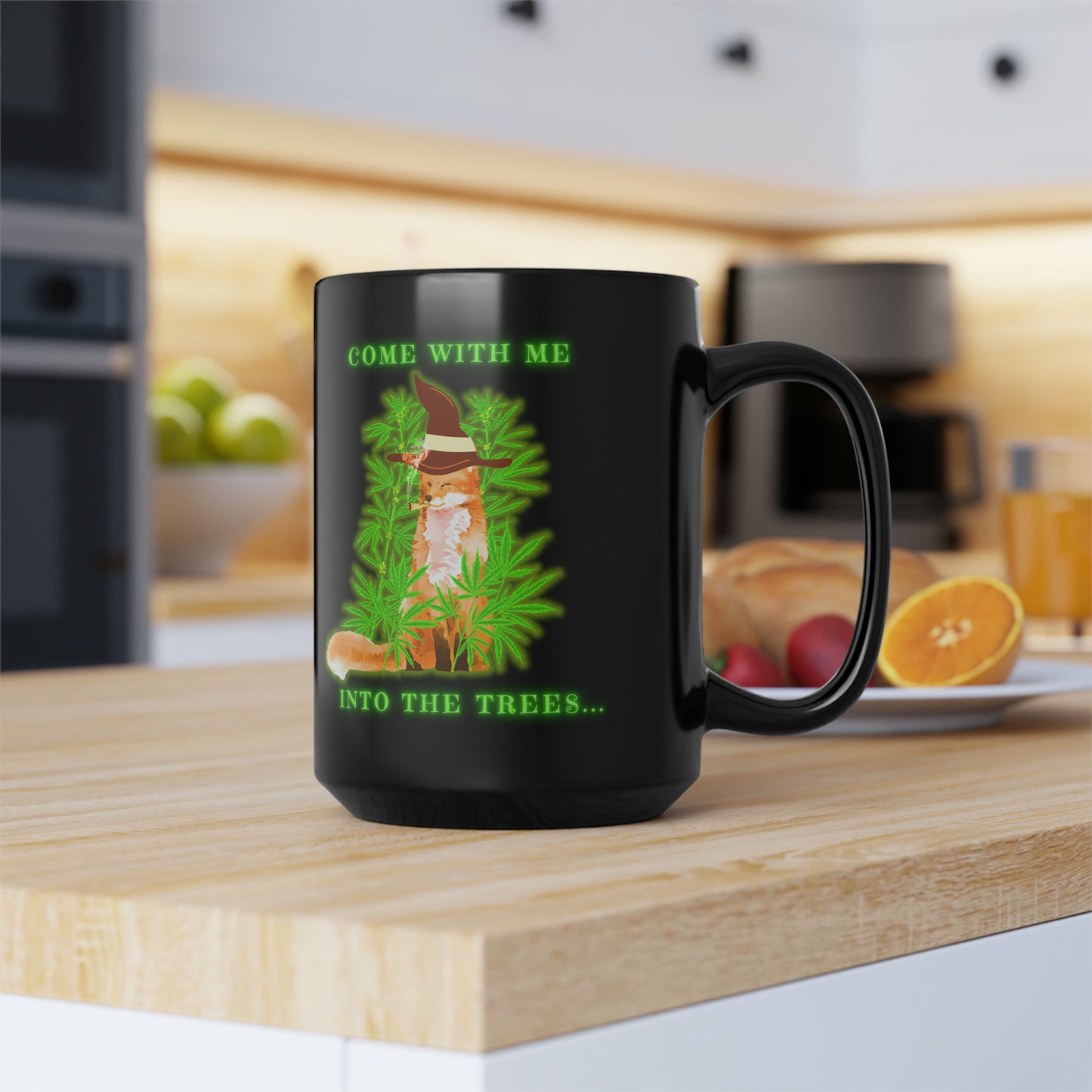 420 Fox, Into The Trees, Black Mug, 15oz, 420 Gift