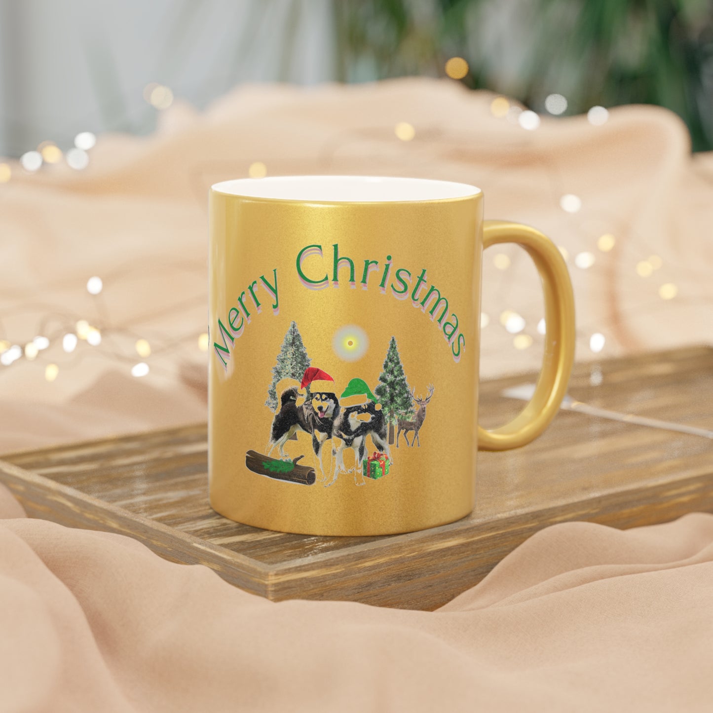 Merry Christmas Malamutes Metallic Mug (Silver\Gold)