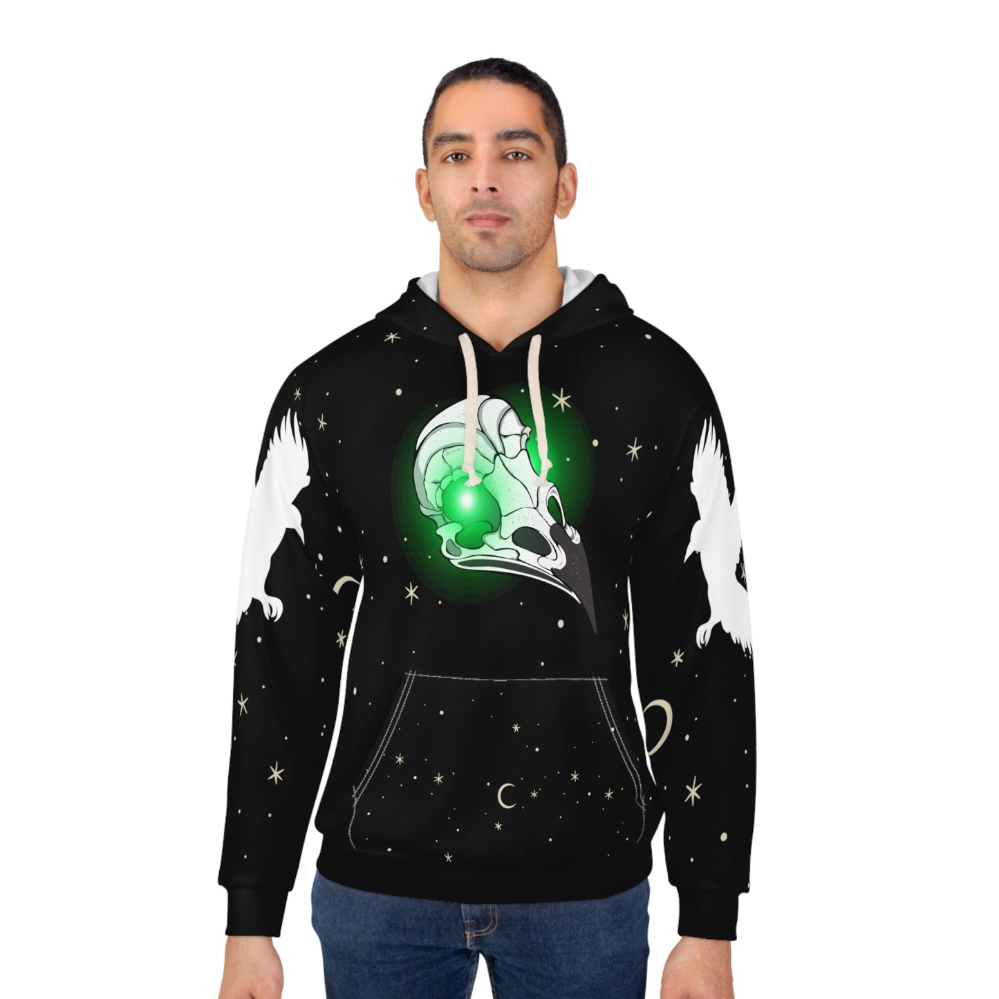 Raven skull with moon and stars Halloween Pullover Hoodie Black