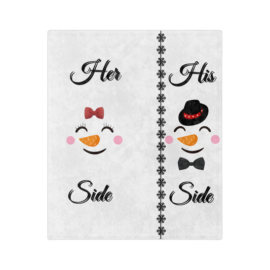 Her Side His Side Snow Man Face Christmas Velveteen Minky Blanket