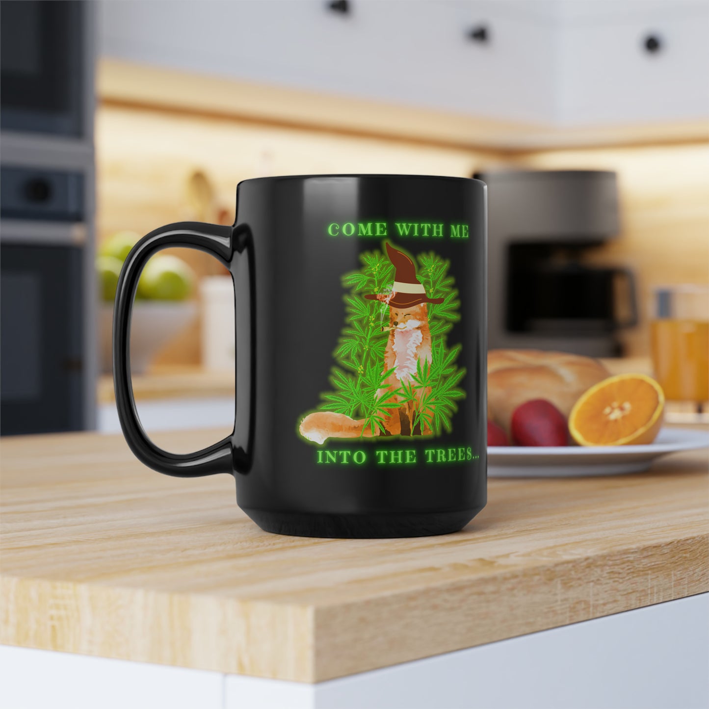 420 Fox, Into The Trees, Black Mug, 15oz, 420 Gift