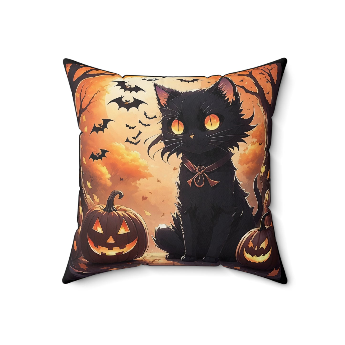 Anime Black Cat,  Halloween, Spun Polyester Square Pillow