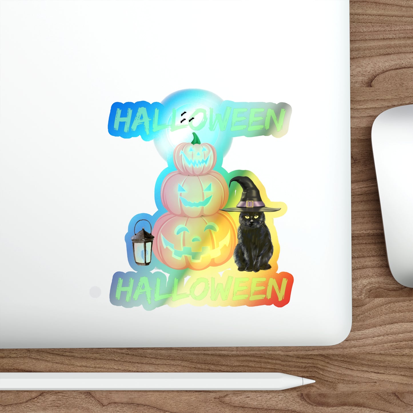 Halloween Rainbow Holographic Die-cut Vinyl Stickers Black Cat And Pumpkins