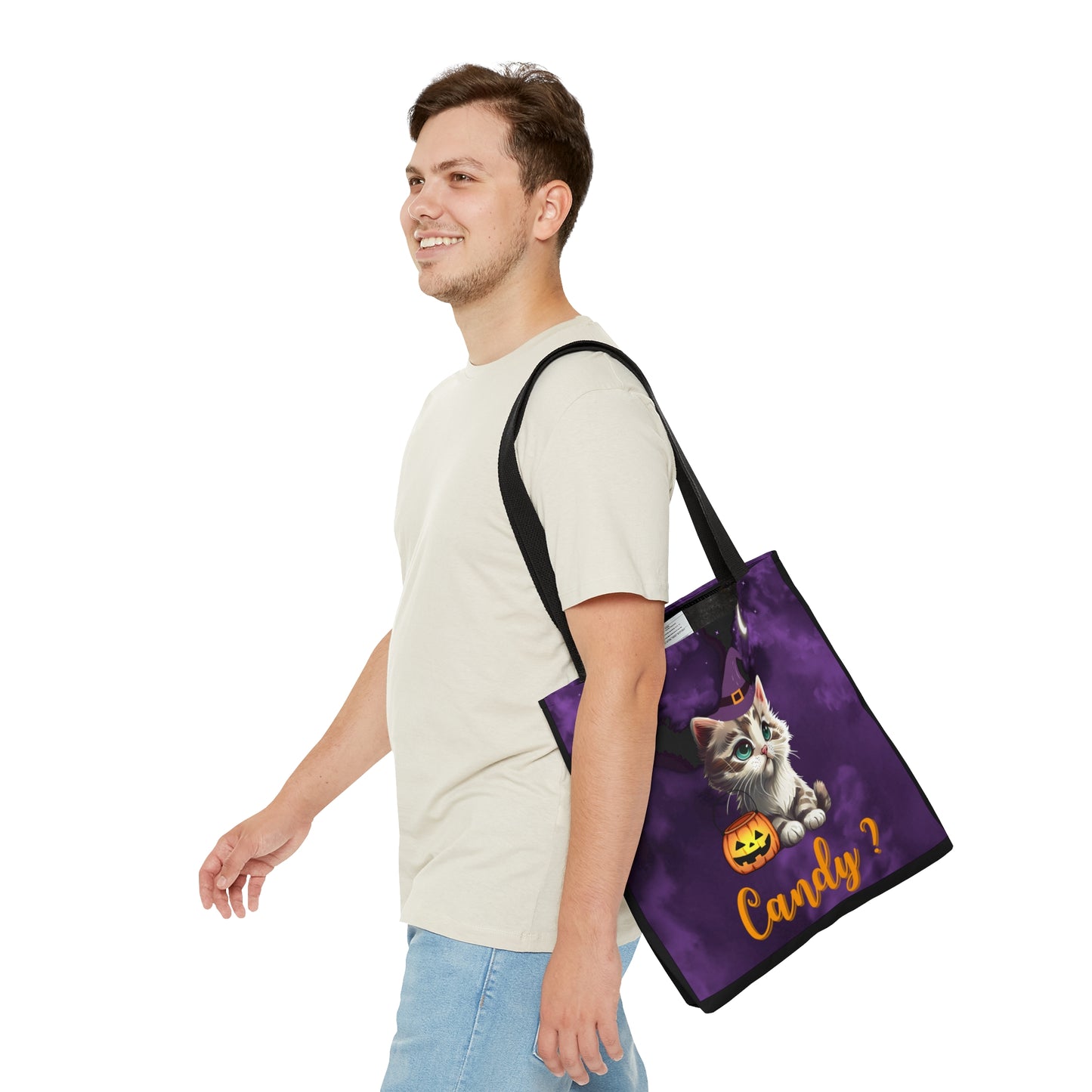 Candy Halloween Tote Bag, Cute Witchy Cat, Candy Tote Bag