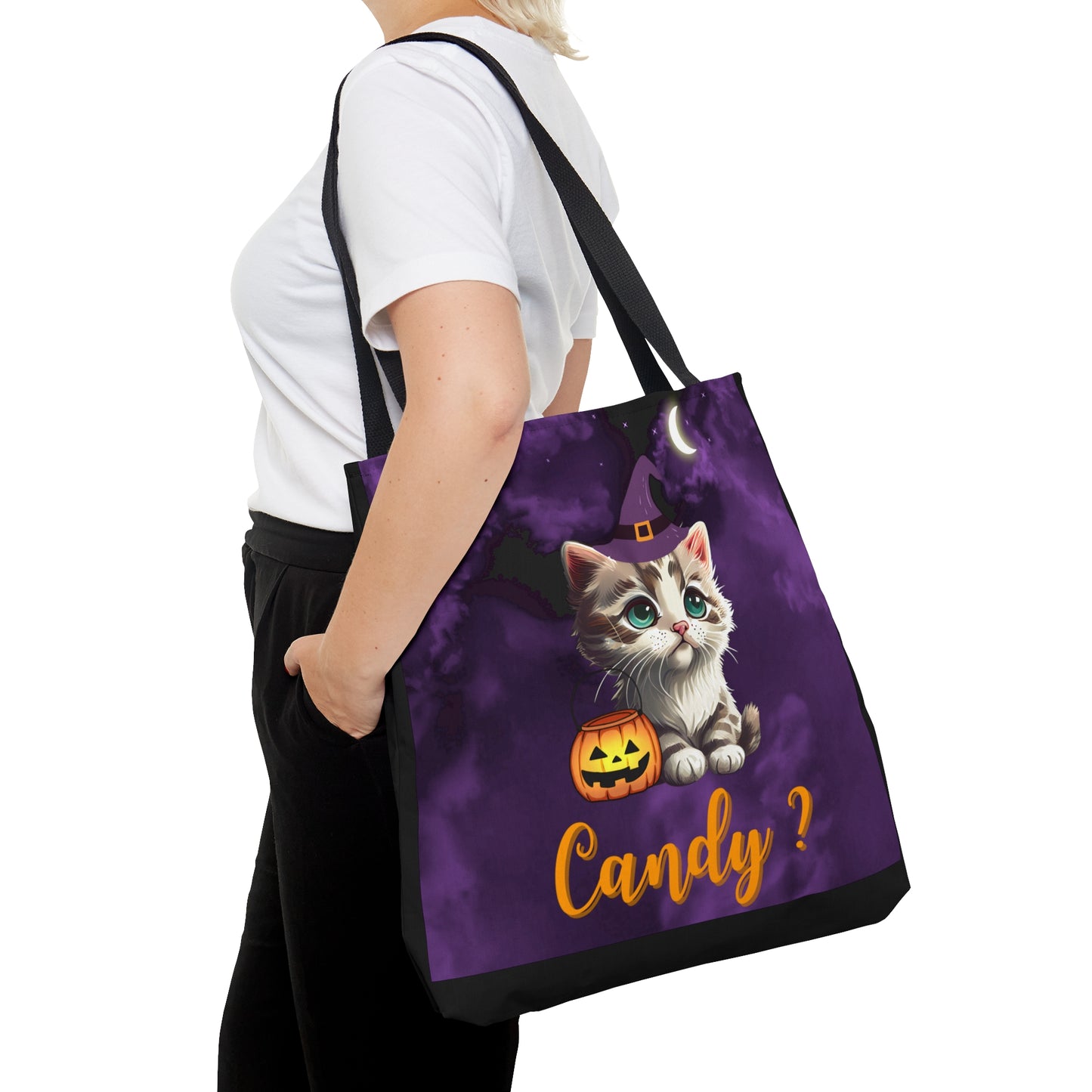 Candy Halloween Tote Bag, Cute Witchy Cat, Candy Tote Bag