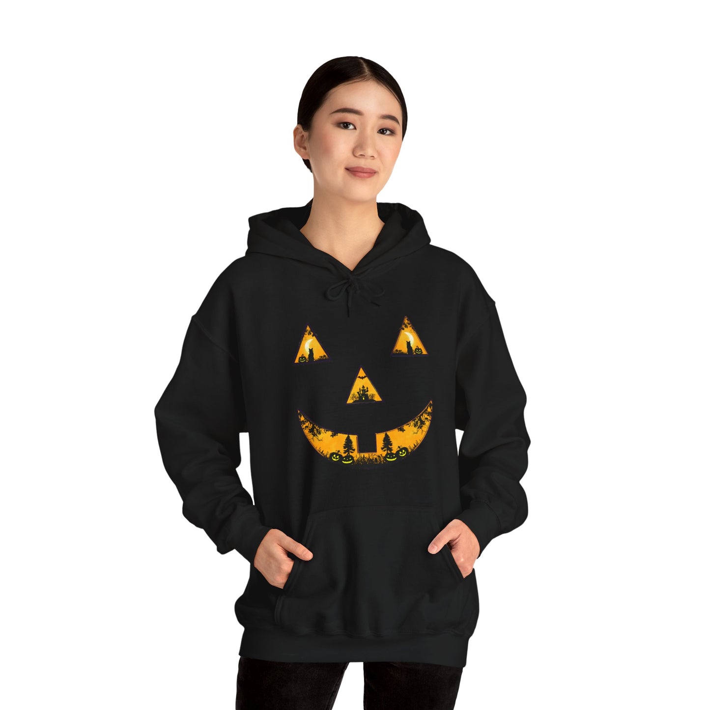 Spooky Autumn Pumpkin Face Hooded Halloween Sweatshirt