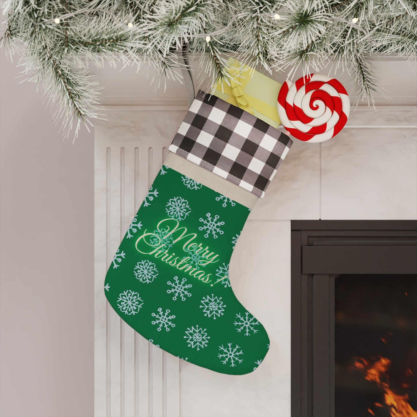 Merry Christmas Snowflake Christmas Stocking Green