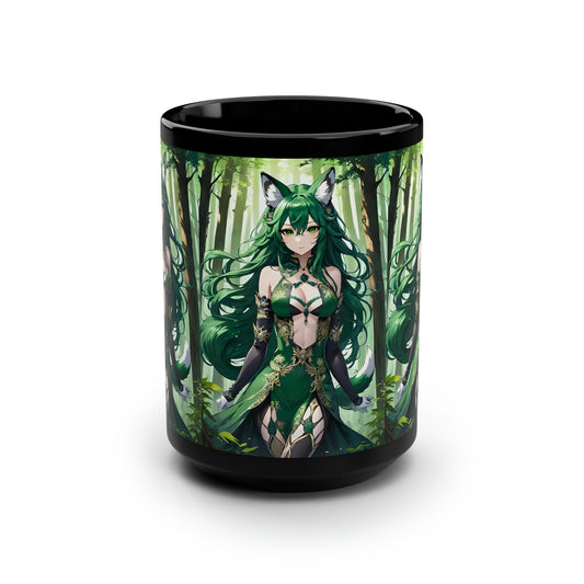 Emerald Fox Goddess, Black Mug, 15oz