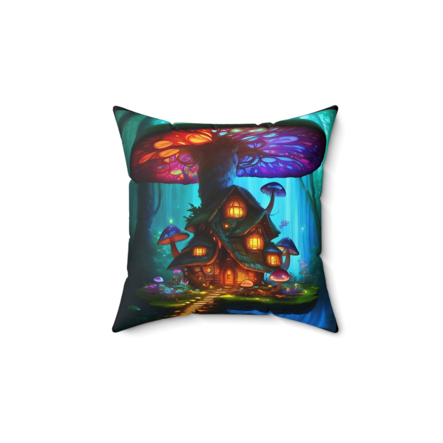 Fairy Mushroom House, Spun Polyester Square Pillow