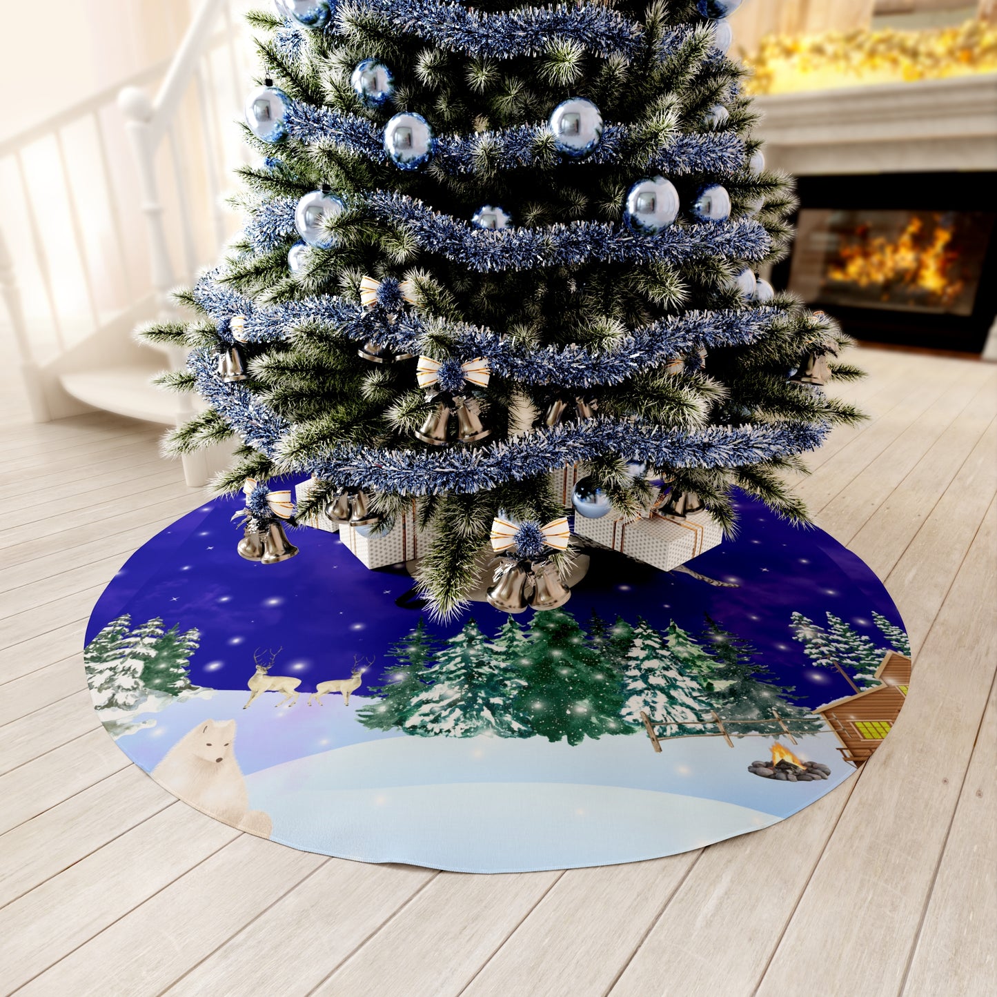 Snowy Christmas Night Round Christmas Tree Skirt Green