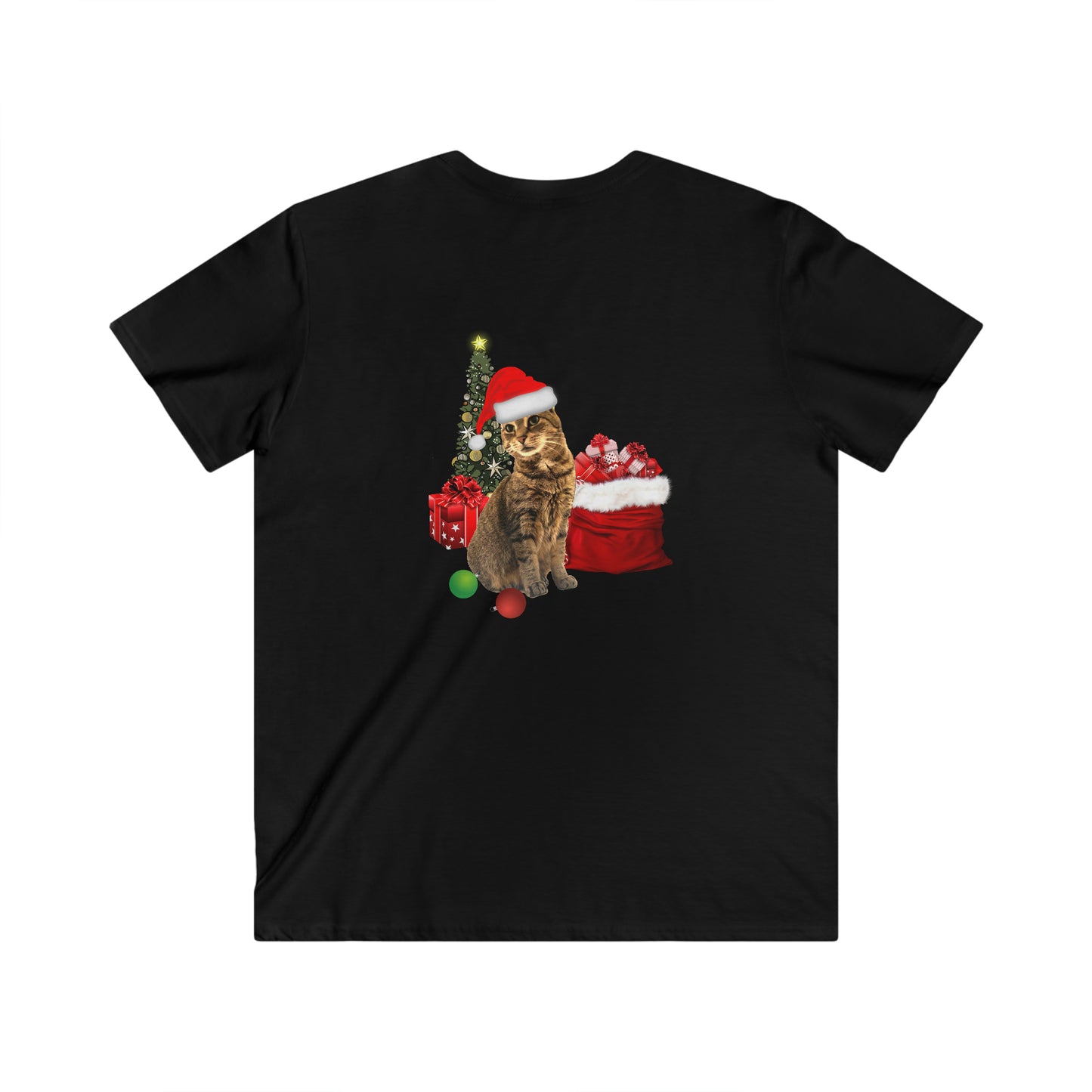 Men's Fitted V-Neck Short Sleeve Tee Christmas Cat Christmas Top